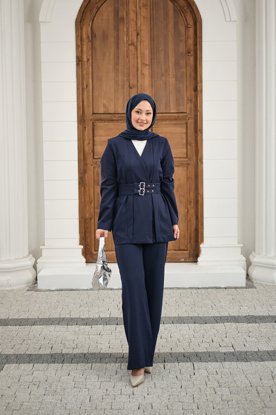 Çift Kemerli Ceketli Takım Lacivert