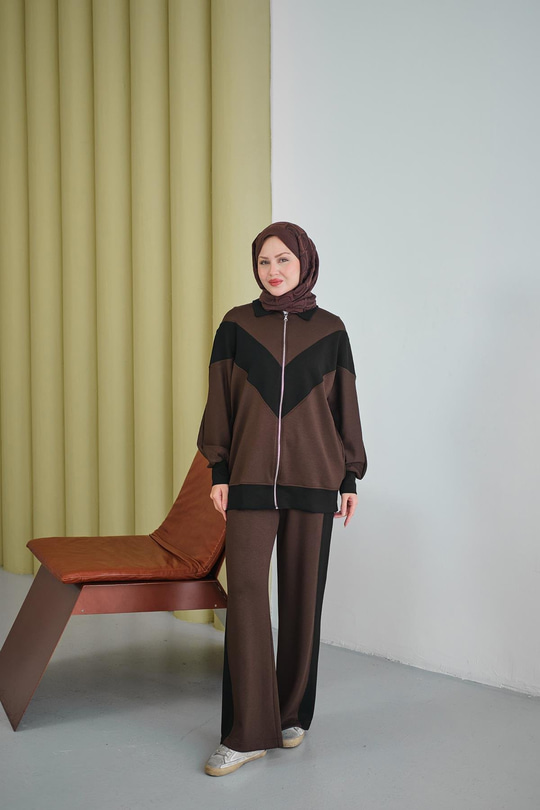 Çift Renk Detay İkili Takım Kahverengi