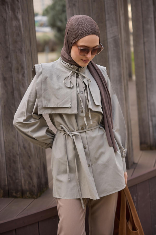 Çift Yaka Detaylı Gömlek Küf Yeşil