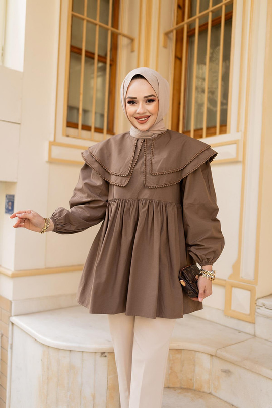 Çift Yaka Gupurlu Gömlek Kahverengi