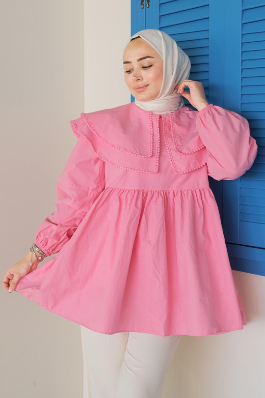 Çift Yaka Gupurlu Gömlek Pembe