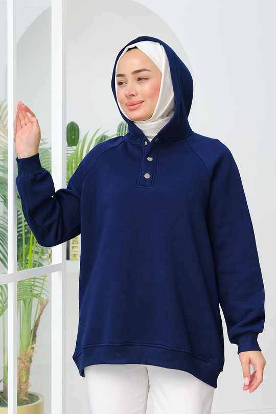 Çıt Çıt Detay Kapüşonlu Sweat Lacivert