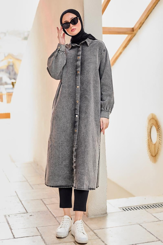 Çıt Çıt Detaylı Midi Boy Kot Ceket Antrasit