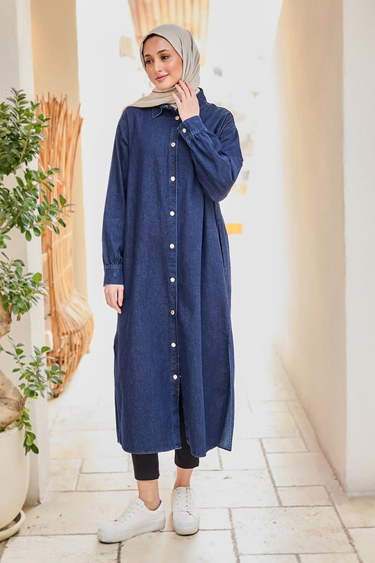 Çıt Çıt Detaylı Midi Boy Kot Ceket Lacivert
