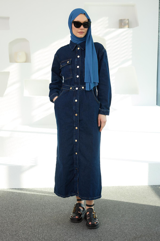 Çıt Çıt Kemerli Kot Elbise  Koyu Mavi