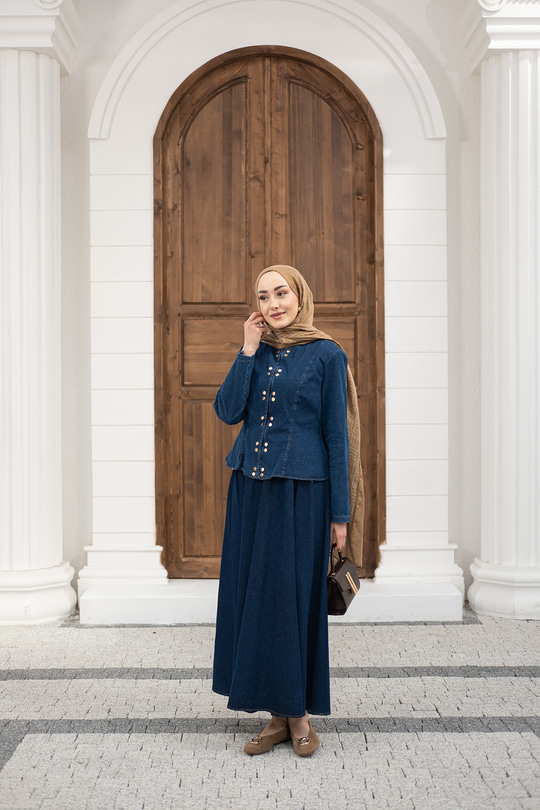 Çıtçıtlı Bisiklet Yaka Etekli Kot Takım Lacivert