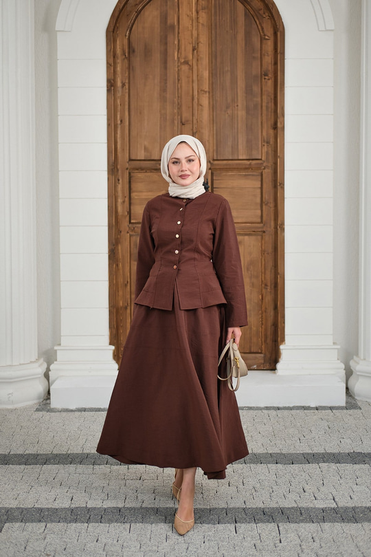 Çıtçıtlı Dikiş Detay Etekli Takım Kahverengi