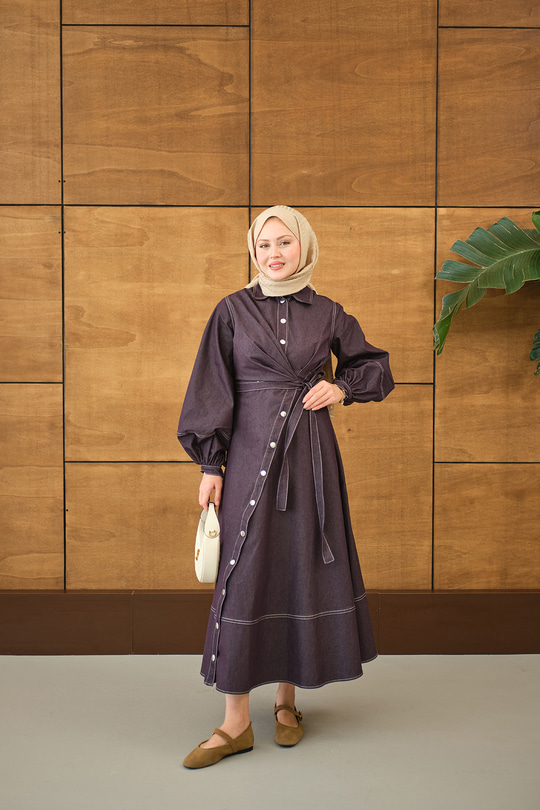 Çıtçıtlı Dikiş İz Detay Yandan Bağlamalı Kot Elbise Mürdüm