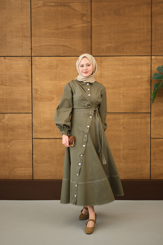 Çıtçıtlı Dikiş İz Detay Yandan Bağlamalı Kot Elbise Haki Yeşil