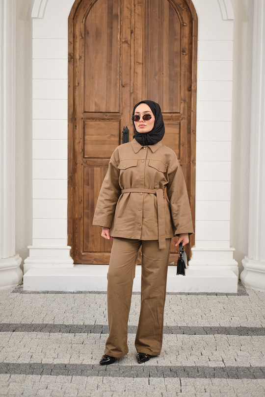 Çıtçıtlı Gabardin Bel bağlamalı takım Vizon