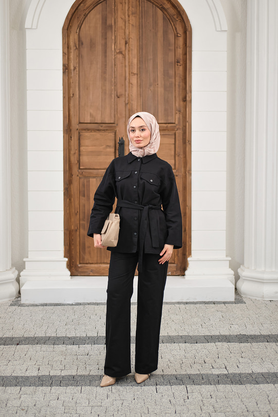 Çıtçıtlı Gabardin Bel bağlamalı takım Siyah