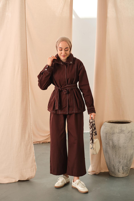 Çıtçıtlı Gabardin Takım Kahverengi