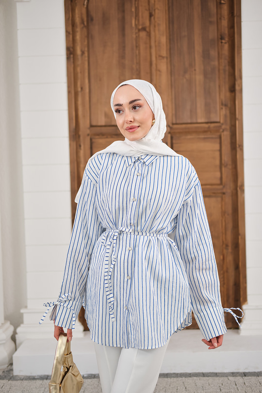 Çizgi Desenli Sim Detay Gömlek Lacivert