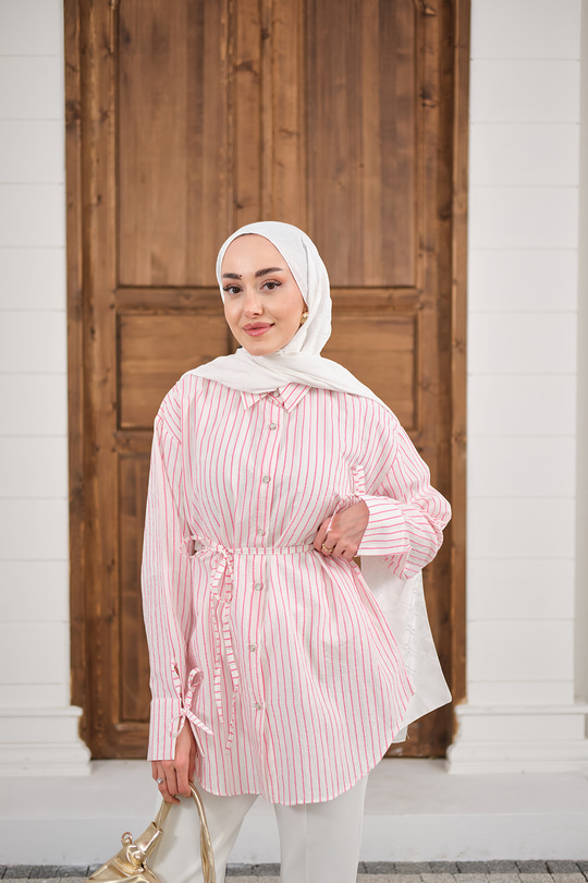Çizgi Desenli Sim Detay Gömlek Pembe