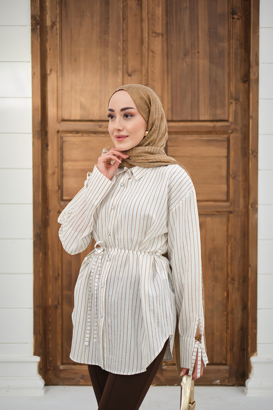 Çizgi Desenli Sim Detay Gömlek Vizon