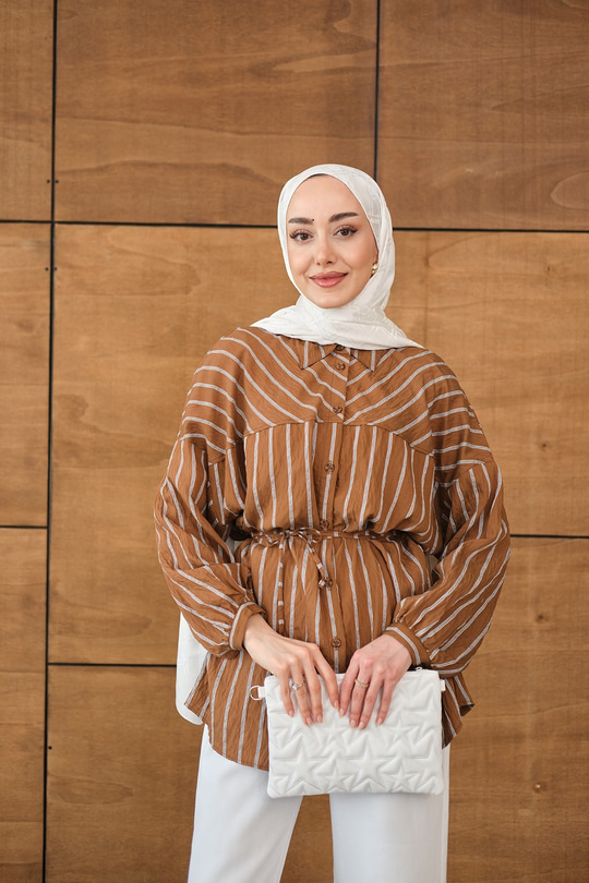 Çizgi Detaylı Salaş Gömlek Kahverengi