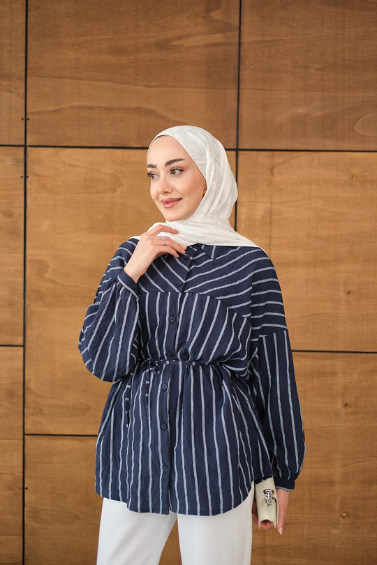 Çizgi Detaylı Salaş Gömlek Lacivert