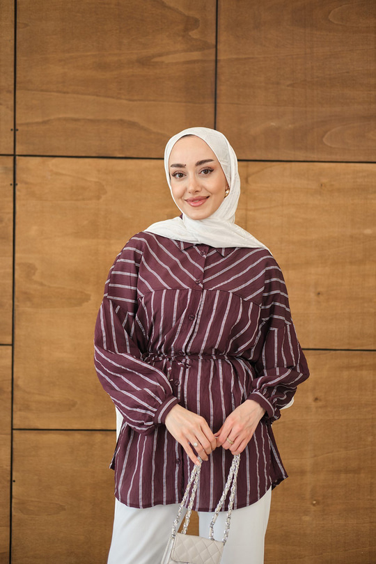 Çizgi Detaylı Salaş Gömlek Mürdüm