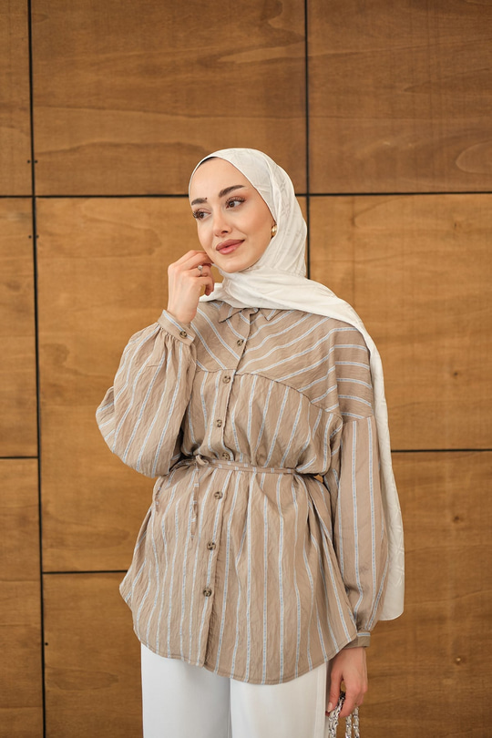 Çizgi Detaylı Salaş Gömlek Vizon