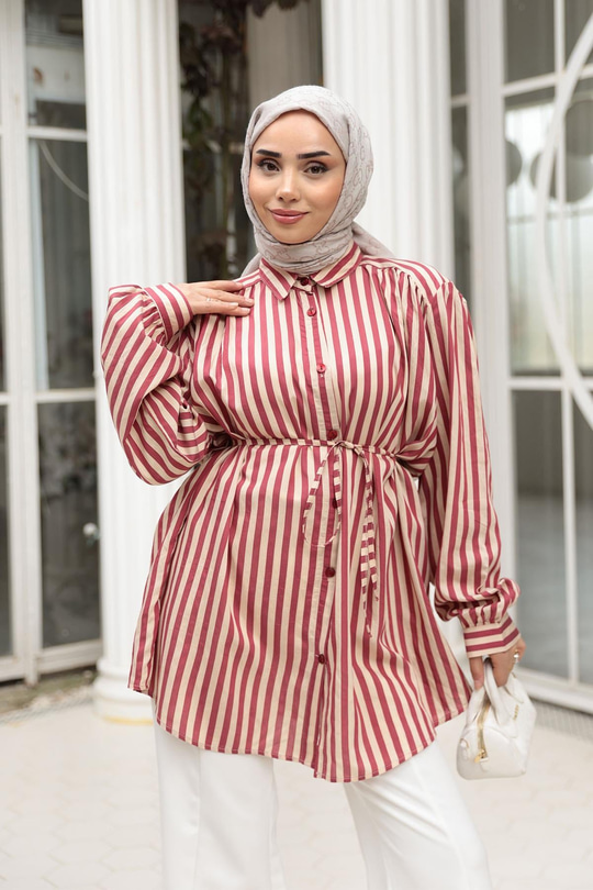 Çizgili Bel Bağlamalı Gömlek Kırmızı