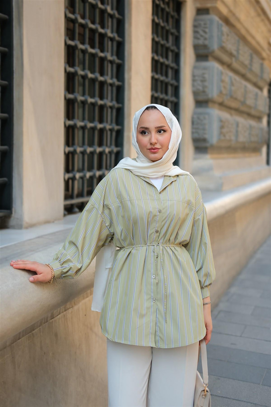 Çizgili Poplin Gömlek Yeşil