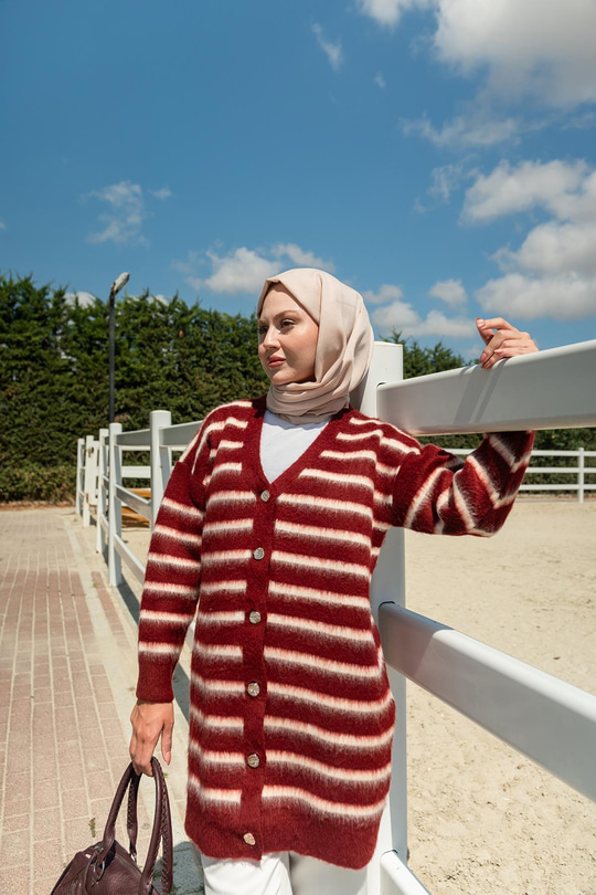 Çizgili Uzun Triko Ceket Bordo