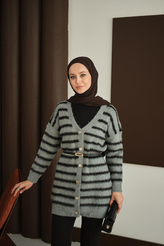 Çizgili Uzun Triko Hırka Füme