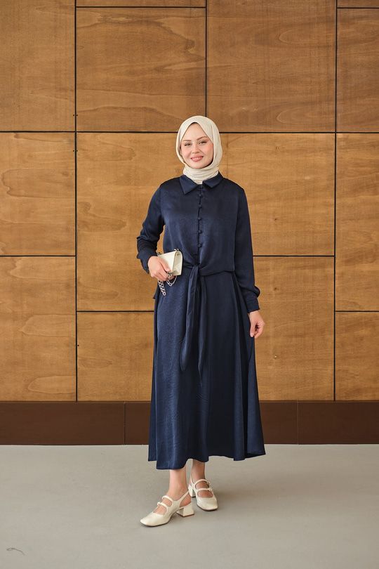 Çoban Düğmeli Kraş Bağlamalı Kendinden Desenli Etekli Takım Lacivert