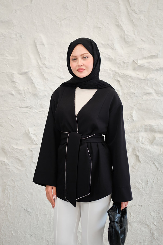Boncuk Şerit Detay Bel Bağlamalı Kimono Siyah