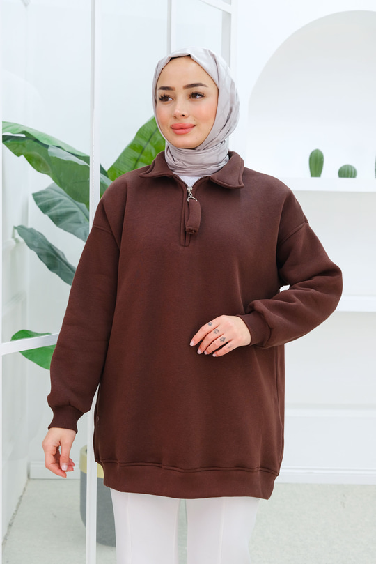 Yarım Fermuar Detay Sweatshirt Kahverengi