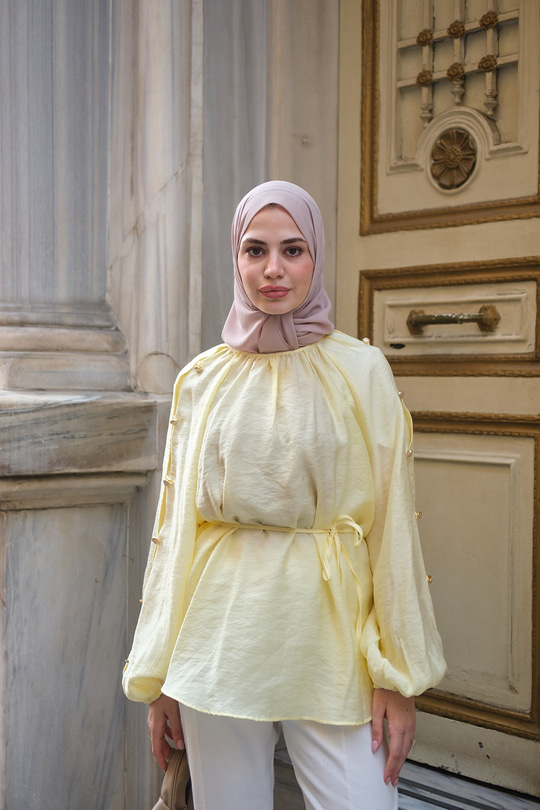 Kolları Düğme Detay Balon Kol Bel Bağlamalı Tunik Sarı