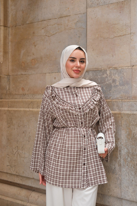 Önü Fırfır Ekose Detay Bel Bağlamalı Gömlek Kahverengi