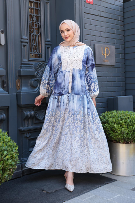 Dantel Desen Elbise Mavi