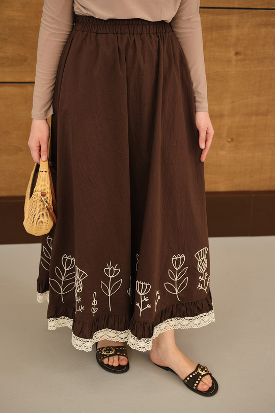 Dantel Ve Çiçek Nakışlı Etek Kahverengi