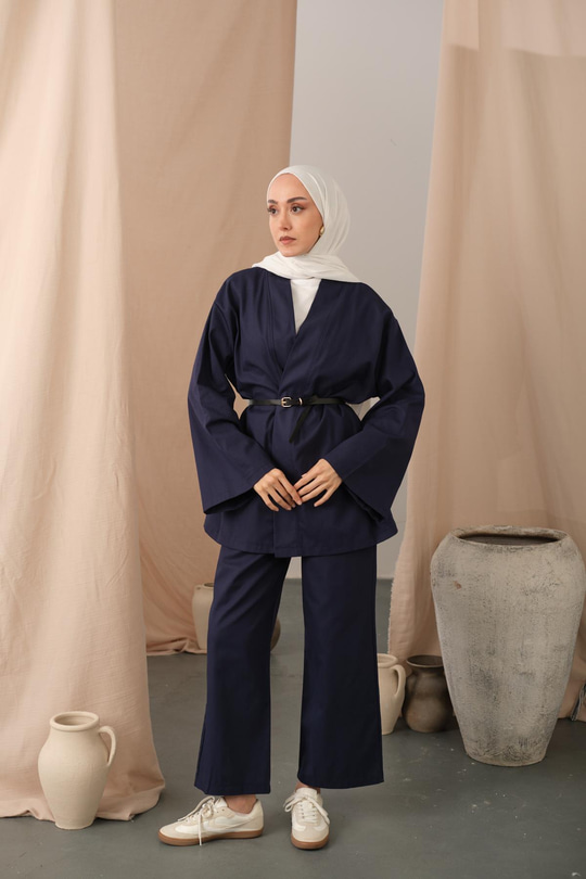 Deri Kemerli Kimono Lacivert