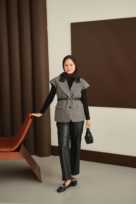 Deri Pantolonlu Yelekli Takım Siyah