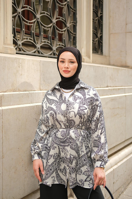 Desenli Saten Gömlek Beyaz