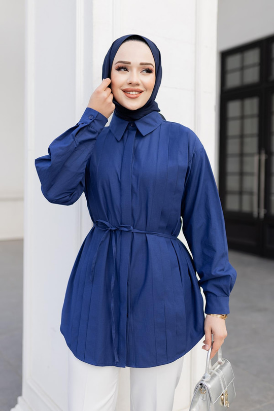 Dik Pile Detay Kuşaklı Gömlek Lacivert