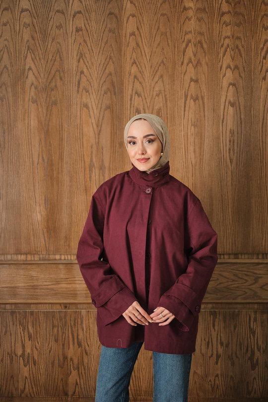 Dik Yaka Gabardin Ceket Bordo
