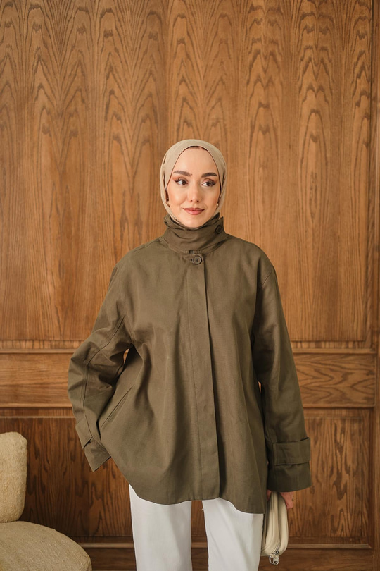 Dik Yaka Gabardin Ceket Haki Yeşil