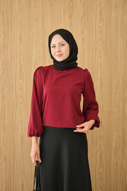 Dik Yakalı Ve Balon kol Bluz Bordo