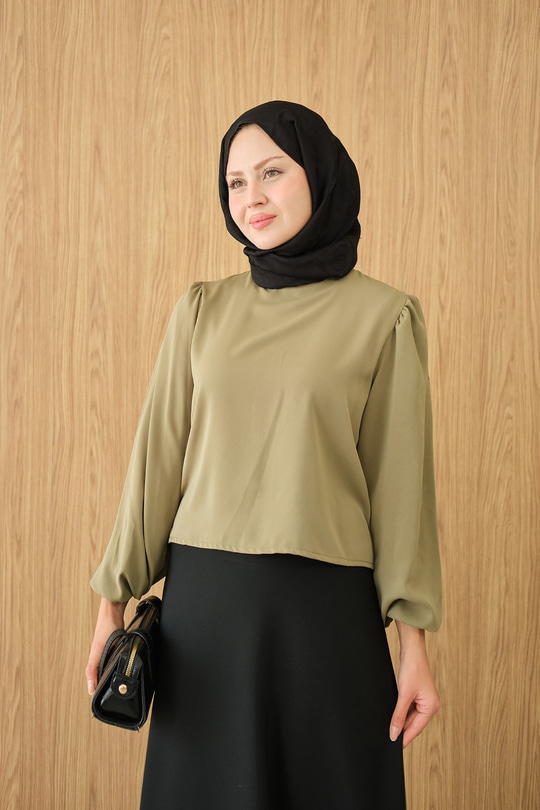 Dik Yakalı Ve Balon kol Bluz Yeşil