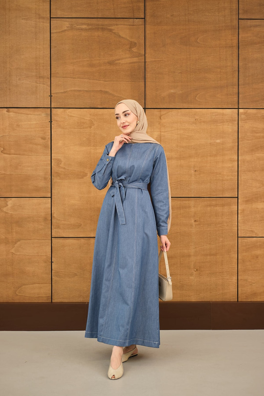 Dikiş Detay Bel Bağlamalı İnce Kot Elbise Buz Mavi