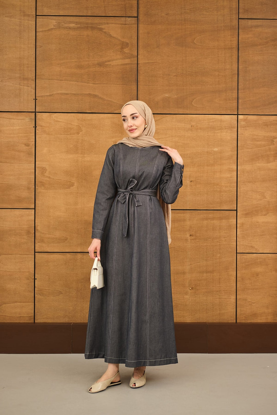 Dikiş Detay Bel Bağlamalı İnce Kot Elbise Antrasit