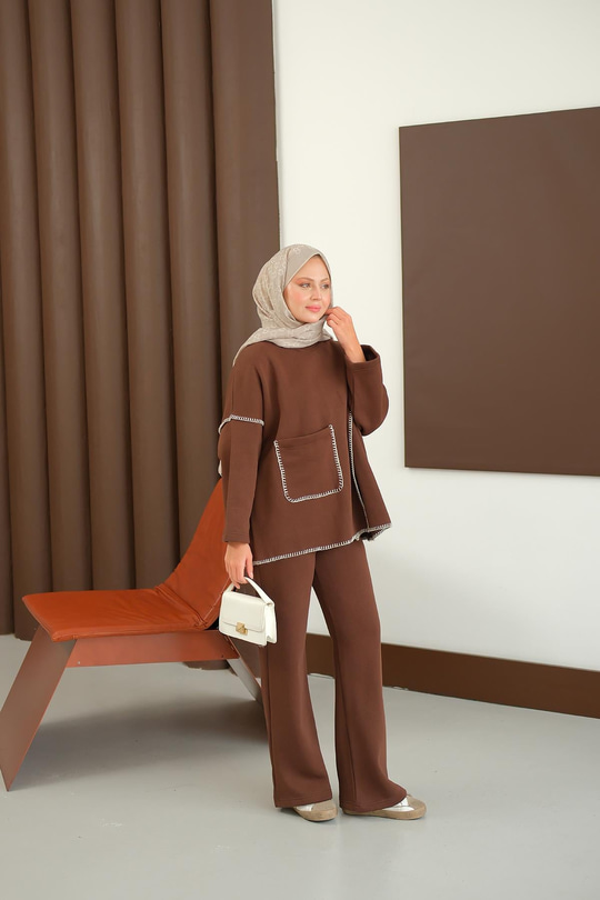 Dikiş Detay Cepli Takım Kahverengi