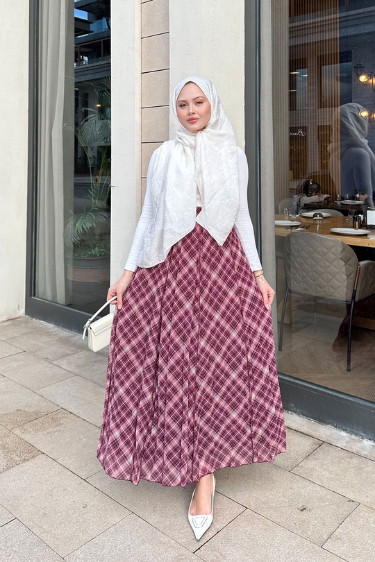 Dikiş Detay Etnik Desen Beli Lastikli Şifon Etek Fuşya