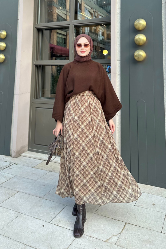 Dikiş Detay Etnik Desen Beli Lastikli Şifon Etek Yağ Yeşil