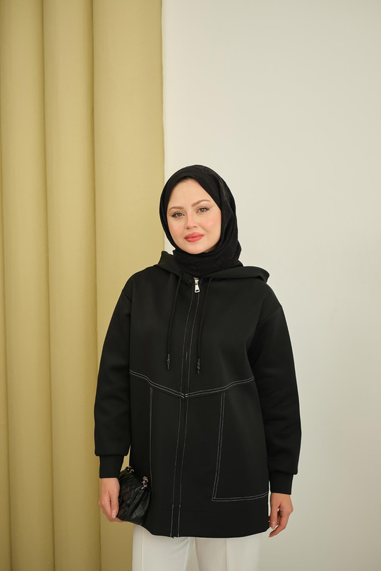 Dikiş Detay Kapüşonlu Hırka Siyah