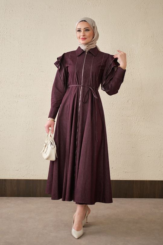 Dikiş Detay Omuz Büzgülü Kot Elbise Bordo