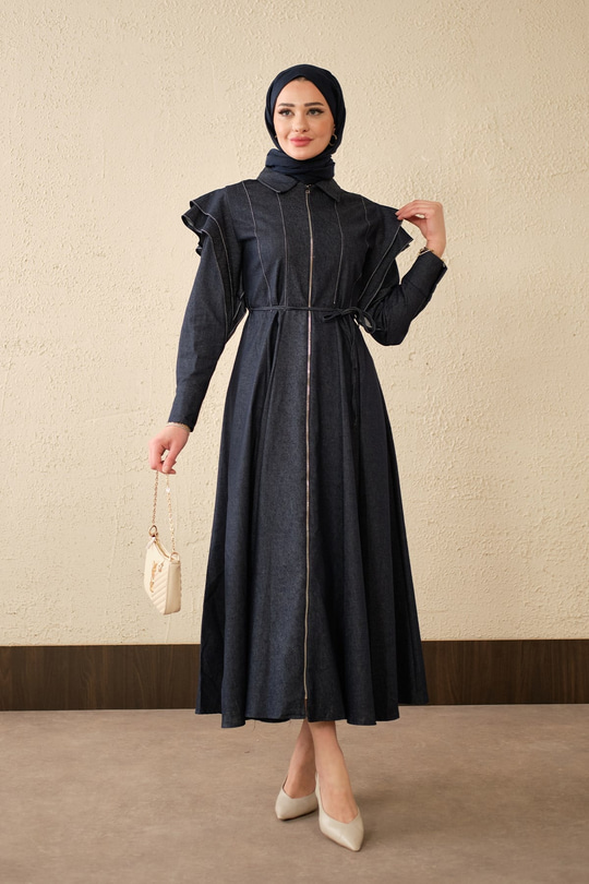 Dikiş Detay Omuz Büzgülü Kot Elbise Lacivert